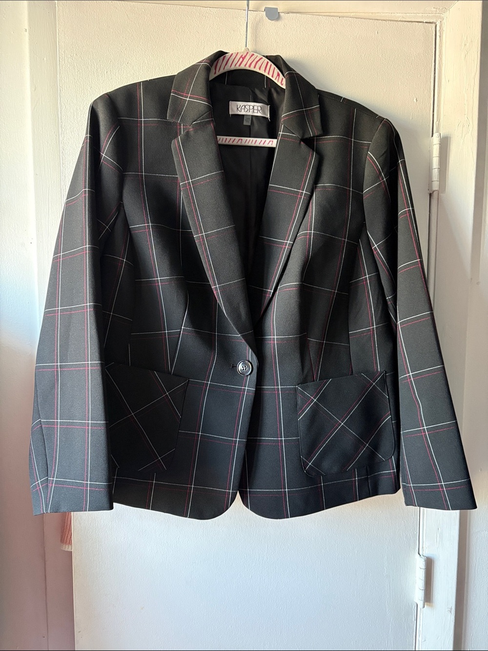 Kasper Black Blazer with Pink & White Windowpane